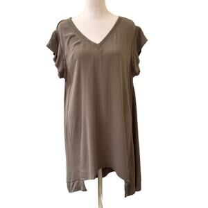 Ellen Tracy Long Tunic Blouse Top V-Neck Cap Sleeve Olive Green Size L